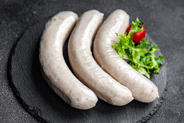 raw sausage white weisswurst sausages spice meal food snack on the table copy space food background rustic top view