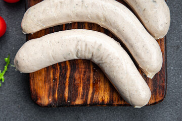 raw sausage white weisswurst sausages spice meal food snack on the table copy space food background rustic top view