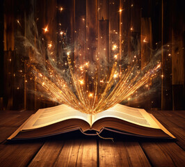Mystical open book. glittering lights and magic book illustration, book of spells casting magic, magic coming out of book on wooden background. Generative Ai.