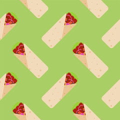 shawarma doner burito flat design vector illustration. Delicious Arabic roll with meat, salad, tomato. Kebab with chicken and onion. Cartoon style vector illustration