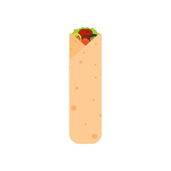 shawarma doner burito flat design vector illustration. Delicious Arabic roll with meat, salad, tomato. Kebab with chicken and onion. Cartoon style vector illustration