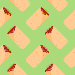 shawarma doner burito flat design vector illustration. Delicious Arabic roll with meat, salad, tomato. Kebab with chicken and onion. Cartoon style vector illustration