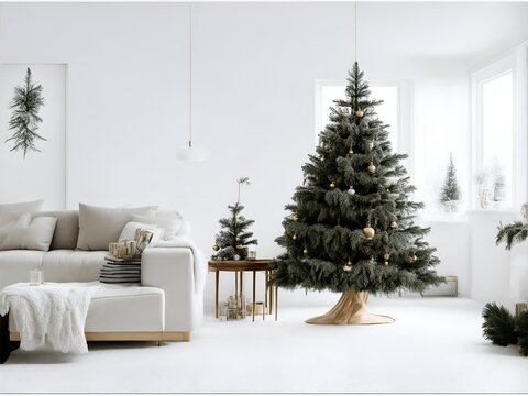 A Minimalist Living Room with a Christmas tree, Created with Generative AI Technology.