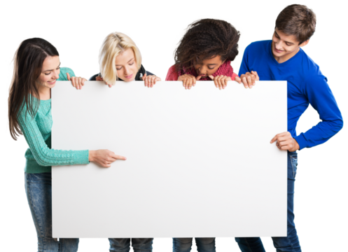 Group of young friends standing looking at a blank sign
