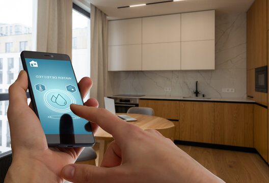 smart phone with home control application with water detected