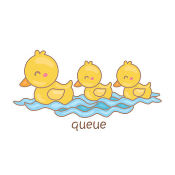 Alphabet Q For Queque Vocabulary School Lesson Reading Writing Illustration Vector Clipart Cartoon
