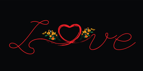 Handwriting, heart ink brush and quote "LOVE". with a black background. lovers, romance, concept, card, marriage, variety, affection, happiness, love heart.