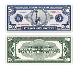 Vector blue banknote obverse and green reverse silver certificate of 500 US dollars. Oval, liberty and guilloche frame. American paper fictional money.