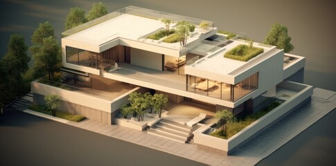 An aerial 3d view of an open air house, contemporary conceptual, luxurious, high definition. Generative AI