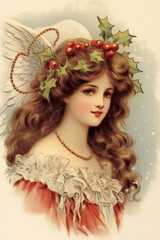 Portrait of an Angel. Vintage Christmas postcard. Generative AI