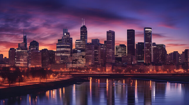 "City Skyline at Dusk": A stunning image of a city skyline at dusk, with city lights beginning to twinkle against a sky mixed with purples and blues.