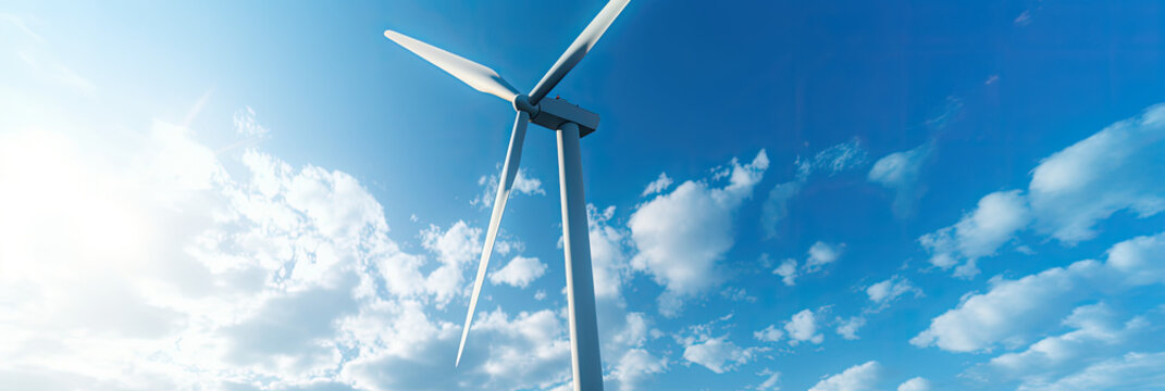 Illustration of a wind turbine standing tall against a clear blue sky in a picturesque landscape created with Generative AI 