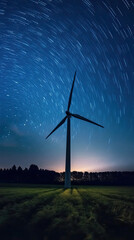 a wind turbine standing tall in a vast field under the starry night sky created with Generative AI technology