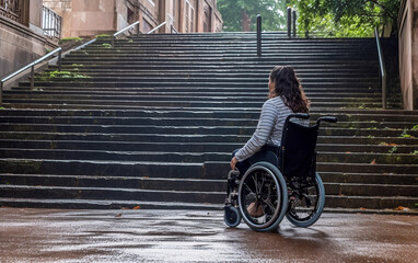Woman in a wheelchair stands in front of a staircase that prevents her from continuing her journey, conceptual, architectural barriers - ai generative