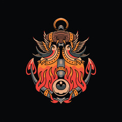 flaming anchor and swallow tattoo vector design