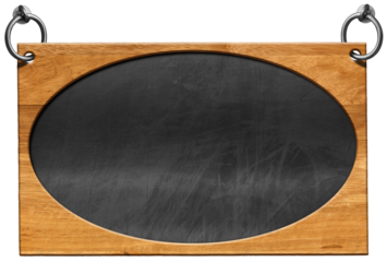Old blank blackboard with wooden oval frame (ellipse shape) and steel rings for hanging. Isolated on white or transparent background and copy space, template. Png.