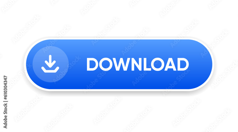 Aufkleber 3D download button icon. Upload icon. Down arrow bottom side symbol. Click here button. Save cloud icon push button for UI UX, website, mobile application.