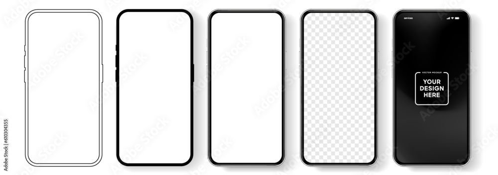 Poster 3D realistic high quality smartphone mockup with isolated background. Smart phone mockup collection. Device front view. 3D mobile phone with shadow on white background.
