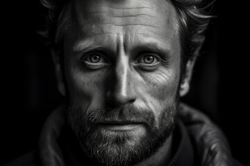 Fototapeta premium Black and white portrait of 40 year old man. Generative AI