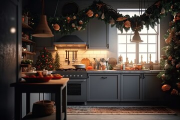 Fototapeta na wymiar Modern kitchen decorated Christmas tree. Home interior as background. Happy Xmas holiday. Generative AI.