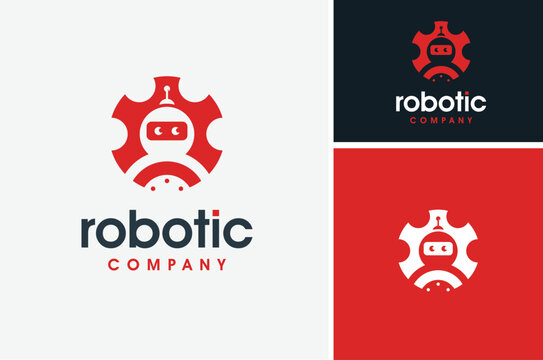Modern Gear Cog Wheel industrial engineering machine with Robot for future robotic technology logo design