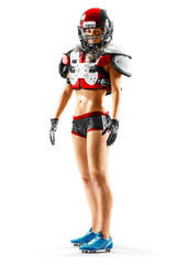 Naklejka premium female american football player in uniform and jersey T-shirt posing with helmet isolated on white background