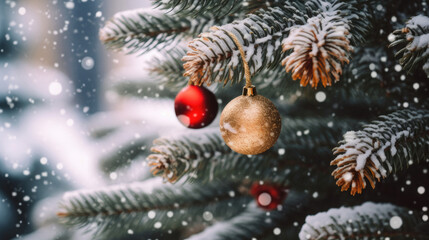 Fototapeta na wymiar Christmas tree with a variety of ornament balls with snoflakes. 