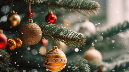 Obraz na płótnie Canvas Christmas tree with a variety of ornament balls with snoflakes. 