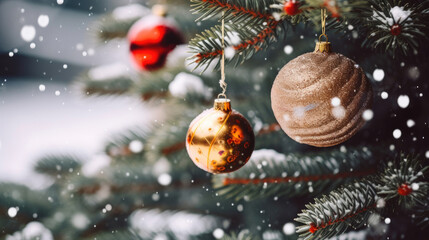 Obraz na płótnie Canvas Christmas tree with a variety of ornament balls with snoflakes. 