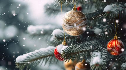 Christmas tree with a variety of ornament balls with snoflakes. 