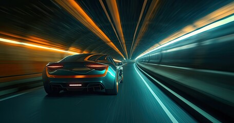 Plakat Futuristic car in a tunnel with light trails