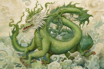 Obraz premium A watercolor print featuring an Asian inspired green dragon, adorned with intricate patterns and delicate brushstrokes