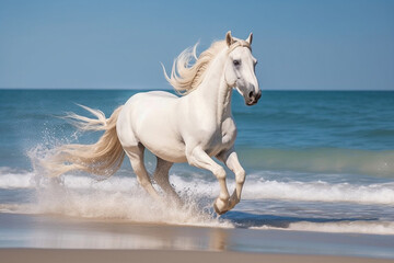 Naklejka na ściany i meble Magnificent white horse galloping freely on the beach. This artwork embodies the essence of grace, power, and untamed spirit. Ai generated