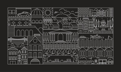 Geometric city landscape line pattern. Simple outline urban town building park sea recreation zone. Vector illustration