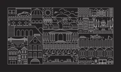 Crédence de cuisine en verre imprimé Gris 2 Geometric city landscape line pattern. Simple outline urban town building park sea recreation zone. Vector illustration