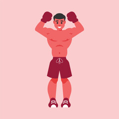 Bodybuilder man in boxing gloves. Vector illustration in flat style.