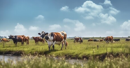 Naklejka na ściany i meble cows in a field. Generative AI 