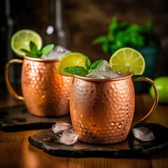 moscow mule, photo for the restaurant menu, macro photo - generative AI