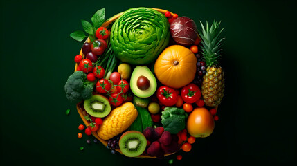 Professional food photography of different kind vegetables and fruits on the table, view from top