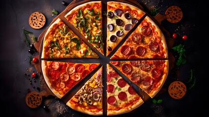 Obraz na płótnie Canvas Professional food photography of different kinds slices in one pizza, decorated with seasonings, view from top