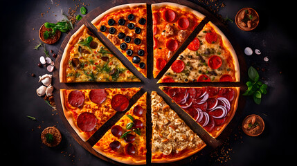 Obraz na płótnie Canvas Professional food photography of different kinds slices in one pizza, decorated with seasonings, view from top