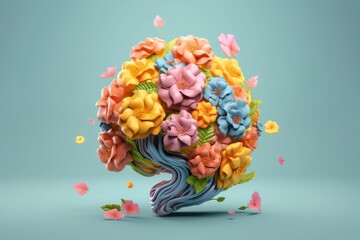 Human Brain made of flowers, healthy living, mental health, flourish of ideas, Created with Generative AI tool