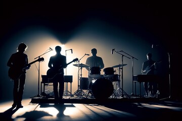 Musical band, orchestra, rock group on stage as silhouettes in the light Created with Generative AI tool
