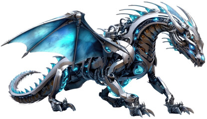 Epic robot phantasy machine dragon as mechanical cyber animal isolated on a transparent background, generative AI technology © Flowal93