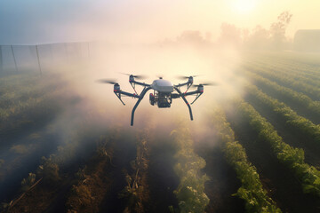 Fototapeta premium Agricultural drone soaring gracefully over a lush cultivated field. This artwork captures the essence of a revolutionary farming technique. Ai generated