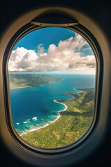 View from the airplane window on the sea and mountains in the background. hawaiian coast. generative AI
