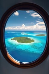 Aerial view of a tropical island in the Maldives through an airplane window. generative AI