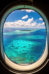 Obraz na płótnie Canvas View from the porthole of an airplane window on the ocean, coral reef around an atoll. generative AI