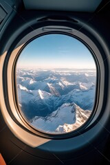 View from the porthole of an airplane over the Alps covered by snow, during a winter cold sunny day. generative AI
