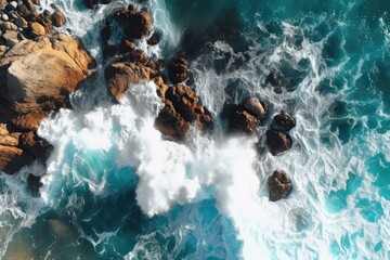 Aerial view of ocean waves crashing on the rocks. Top view. generative AI